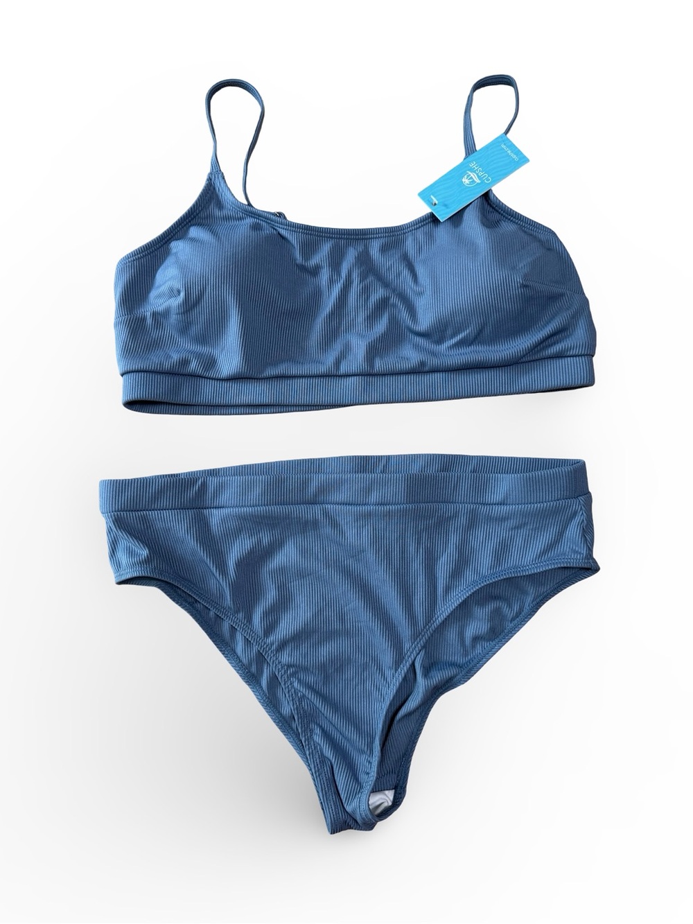 Cupshe Blue Ribbed Scoop Bralette Bikini Set